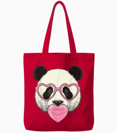 Cute Panda Blowing Pink Valentine Heart Bubble Gum Tote Bags - Red