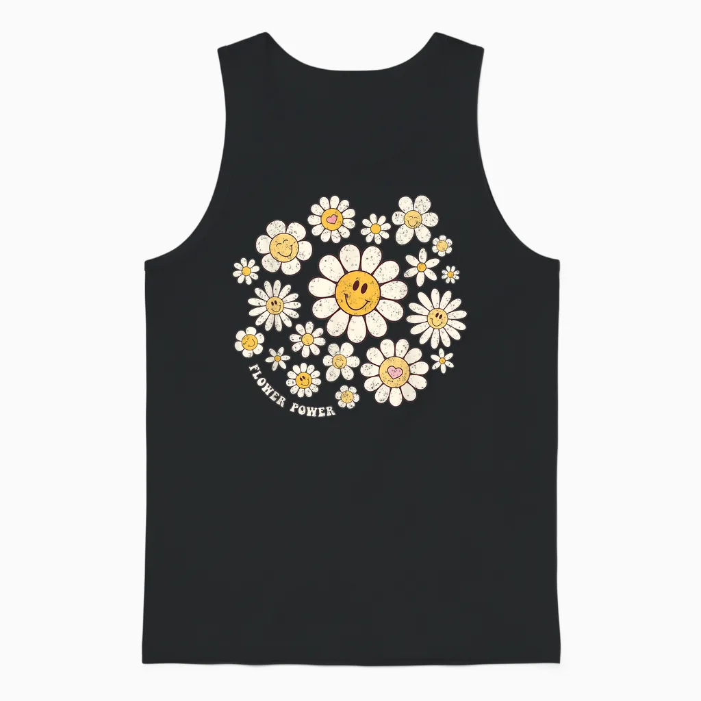 Flower Power Sweet Smile Face Flower Happy Face Flowers Girls Unisex Tank Top in Black
