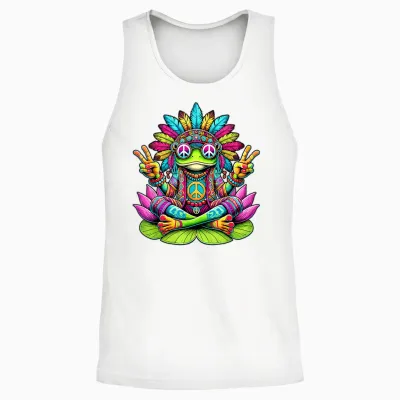 Hippie Frog, Peace Sign, 70s and 60s Party, Sunglasses T-Shirt, Black, S Unisex Tank Top - White