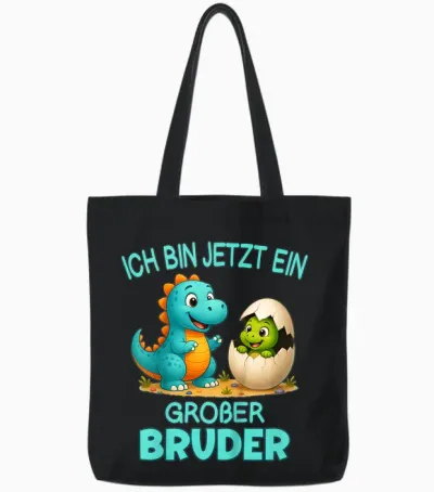 Children's T-Shirt with German Text "ich Bin Jetzt Ein Großer Bruder Dinosaur" Motif Tote Bags - Black