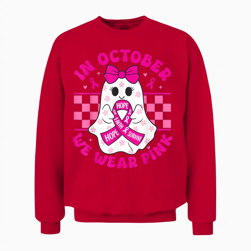 Spooky Halloween Ghost Pink Breast Cancer Awareness 2025 Unisex Sweatshirt in Red