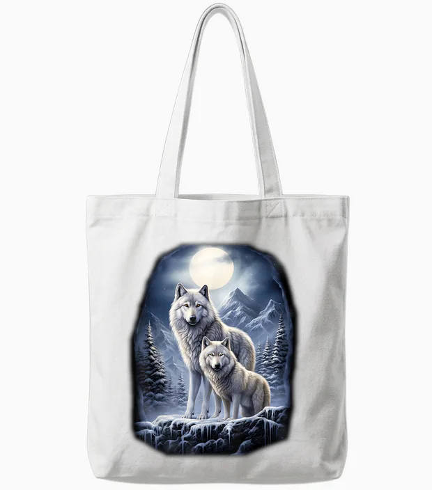 2 Wölfe Auf Eisigem Hügel in Den Bergen Vor Dem Mond Tote Bags in White