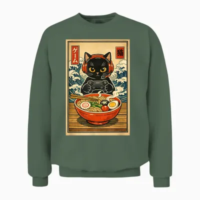 Kawaii Gamer Cat Funny Ramen Retro Cute Japanese Cat Gaming Unisex Sweatshirt - Military Green