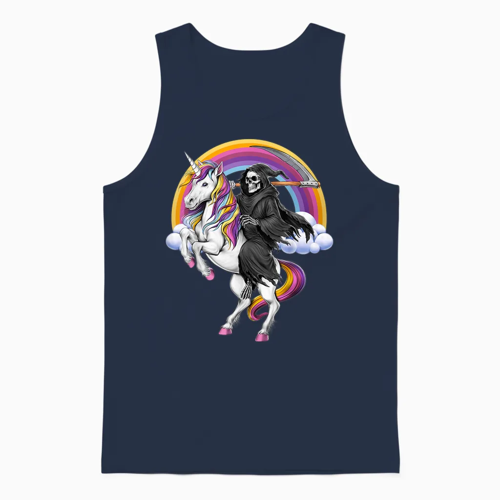 Skeleton Large Grim Reaper Riding Unicorn Halloween Unisex Tank Top in Navy