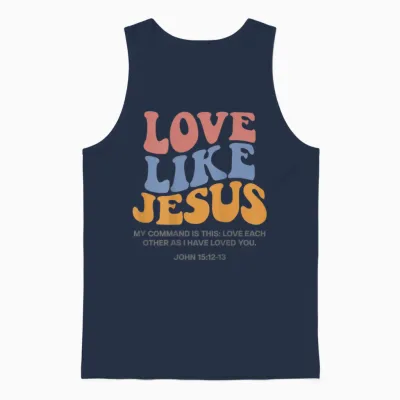 Love Like Jesus X Jesus Loves You God Christ Saying Back T-Shirt, White Unisex Tank Top - Navy