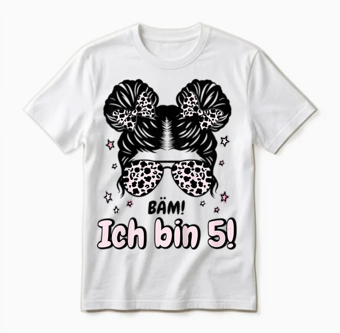 Kids 5th Birthday Girl Messy Bun Bäm! Ich Bin Fünf T-Shirt, Black, S Unisex T-Shirt in White