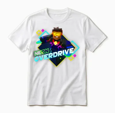 Roblox Black Neon Overdrive Classic Fit T-Shirt - Adult Crew Neck Short Sleeve Cotton and Polyester Unisex T-Shirt - White