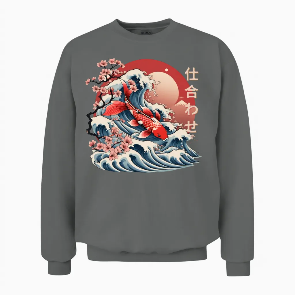 Majestic Koi Fish Ukiyo-E Japanese Design Unisex Sweatshirt in Graphite Heather