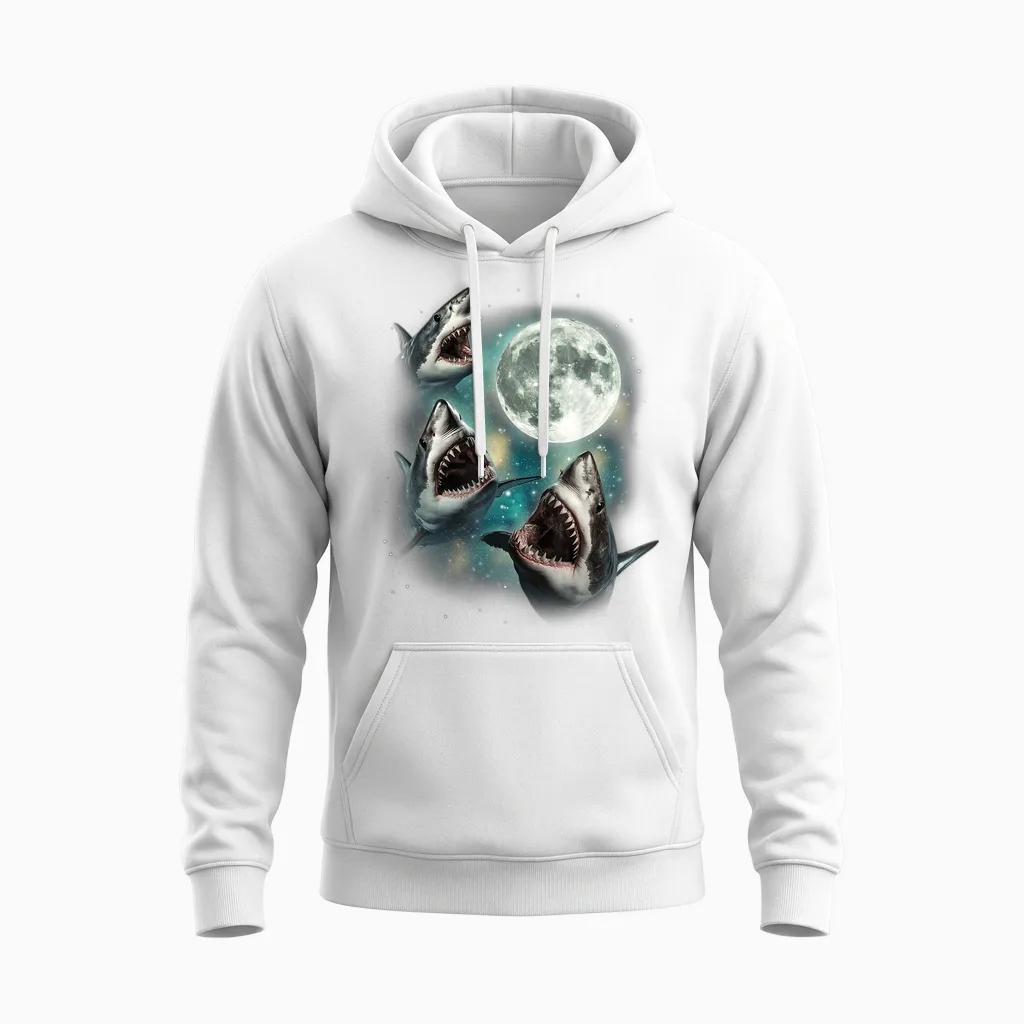 Three Shark Moon | 3 Great Whites Howling Wolfs Moon Parody Unisex Hoodie in White