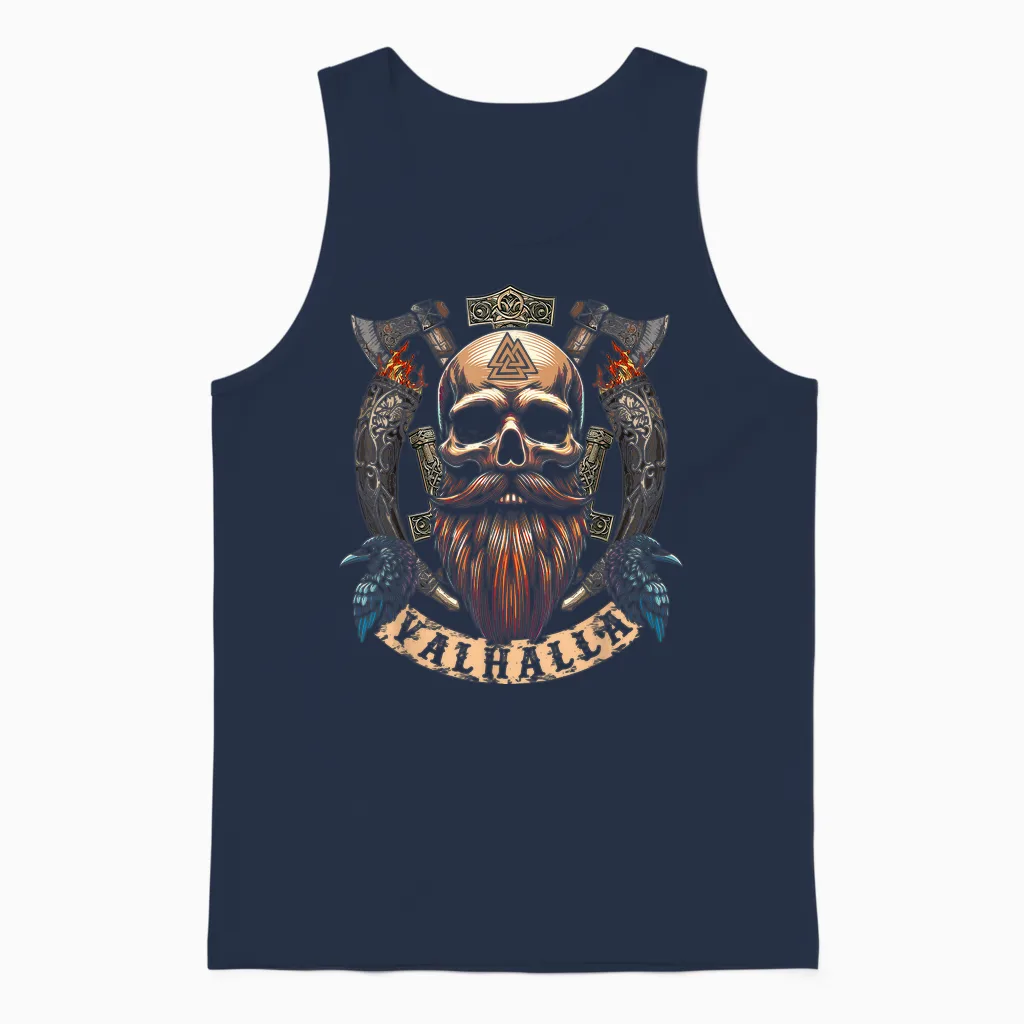 Skull Beard Valhalla Scroll - Viking Axe with Odins Raven Unisex Tank Top in Navy