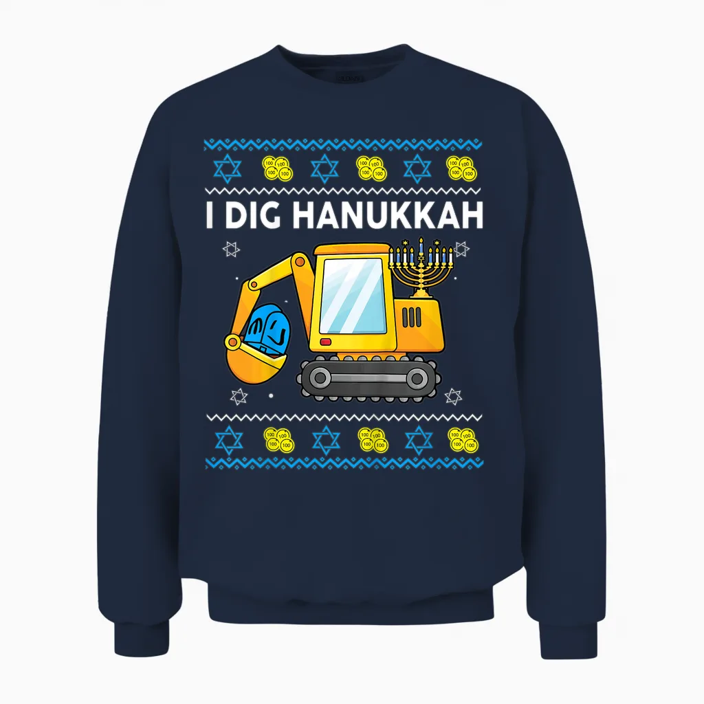 Kids I Dig Hanukkah-Shirt Happy Chanukah Funny Jewish Boy Unisex Sweatshirt in Navy
