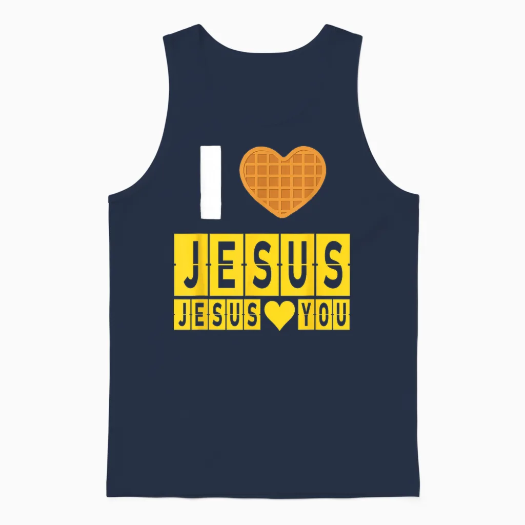 I Love Jesus Waffle Heart Jesus Loves You Funny Breakfast Unisex Tank Top in Navy