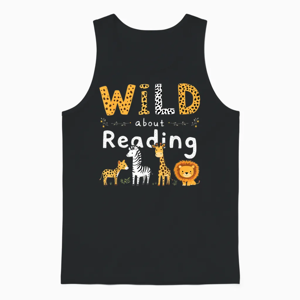 Animal Print Read a Book Character Kids Wild About Reading Unisex Tank Top in Black