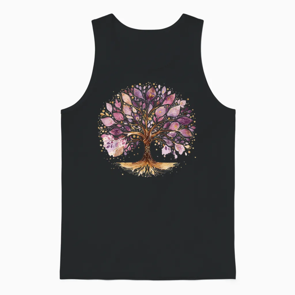 Lila Und Gold Yoga Baum Des Lebens Unisex Tank Top in Black