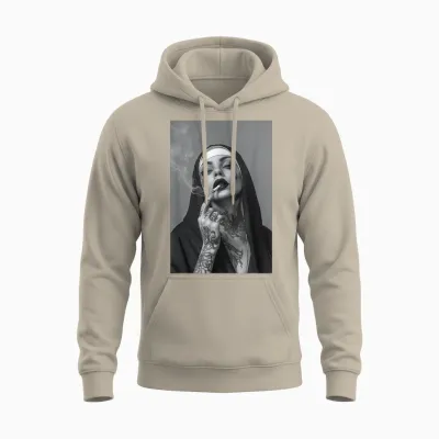 Tattooed Nun Smoking Cigarette Rebbel Christian Jesus Unisex Hoodie - Sand