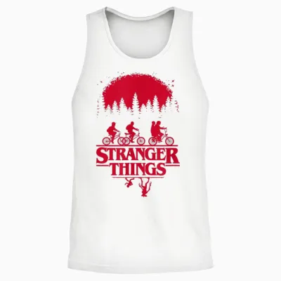 Stranger Things Group Shot Bike Ride Upside Down Silhouette Unisex Tank Top - White