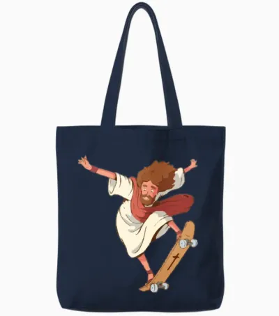 Jesus Skateboarding Funny Skateboard Tote Bags - Navy