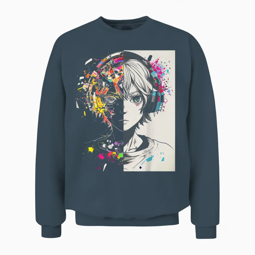 Anime Manga Pattern Helmet Illustration Anime T-Shirt, Black, S Unisex Sweatshirt in Dark Heather