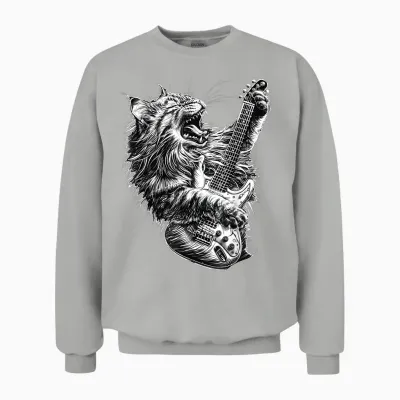 Music Cat Jamming with a Passion for Guitar and Rock T-Shirt, Black, S Unisex Sweatshirt - Ash
