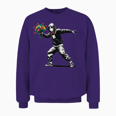 Banksy Protester Throwing Flowers Unisex Sweatshirt - Purple