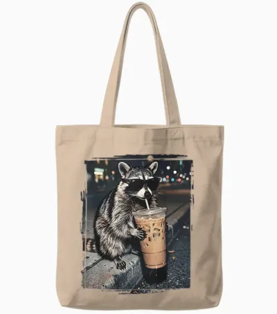 Raccoon Drinking Iced Coffee Funny Animal Meme Men Women Tote Bags - Natural