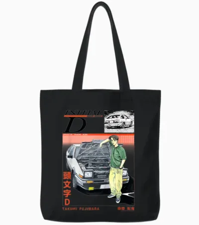 Initial D Takumi Open Hood Car Portrait Manga Anime Tote Bags - Black