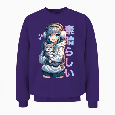 Cute Anime Girl with Cat for Cat Lover Kawaii Otaku Manga T-Shirt, Black Unisex Sweatshirt - Purple