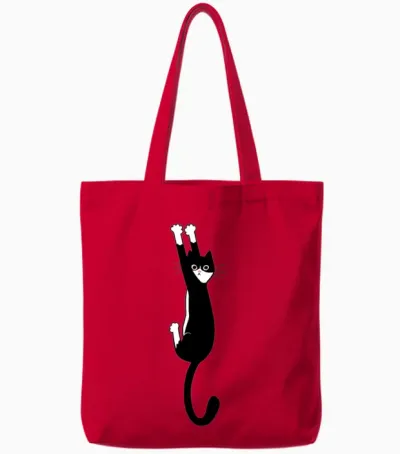 Black and White Cat Hanging On Tote Bags - Red