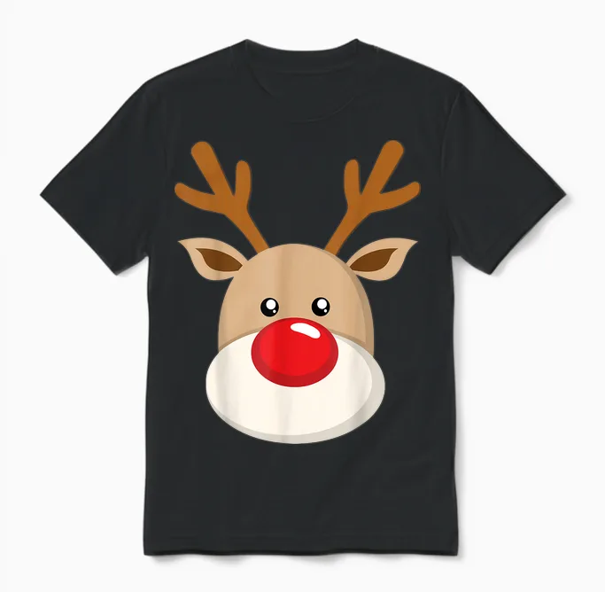 Cute Reindeer Rudolph Red Nose Christmas Antlers Unisex T-Shirt in Black
