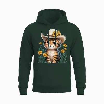 Adorable Cartoon Cat in Cowboy Hat with Rustic Sunflowers Unisex Hoodie - Forest