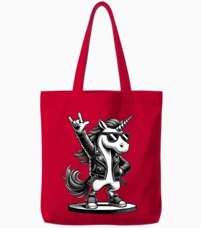 Rock Music & Heavy Metal Rocker, Funny Unicorn Rockhand T-Shirt, Black Tote Bags - Red