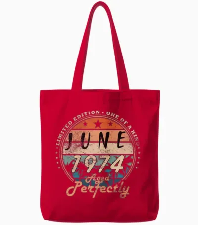 June 1974 Vintage Birthday Present Tote Bags - Red