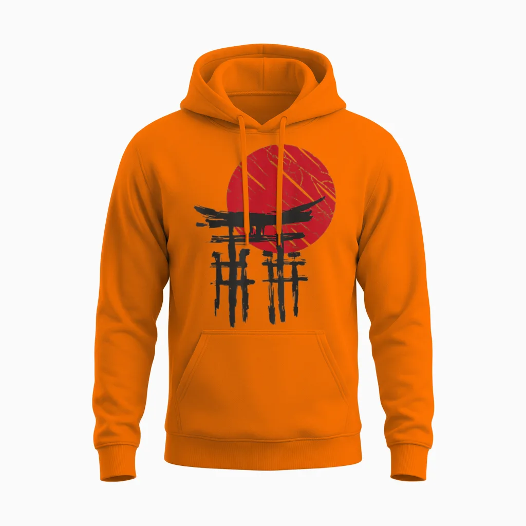 Japanischer Tempel Anime Japan Red Moon Vintage Art Samurai Unisex Hoodie in Safety Orange