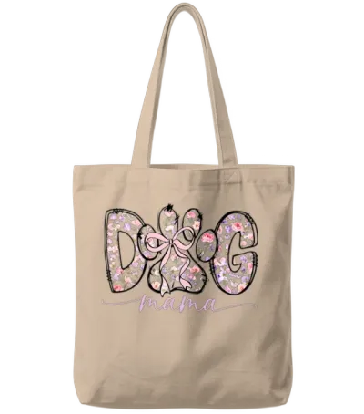 Floral Dog Mama – Cute Pastel Flowers & Bow Tote Bags - Natural