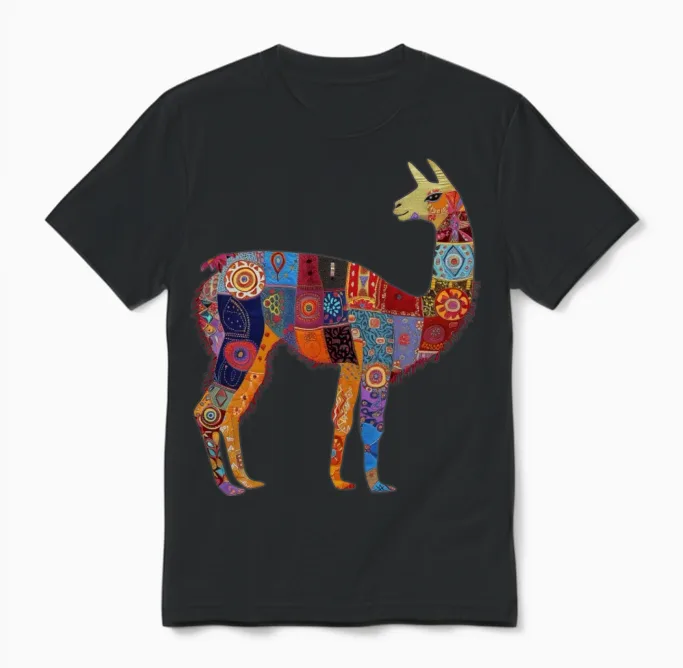 Llama Alpaca Animal Vintage Peru Gift Unisex T-Shirt in Black