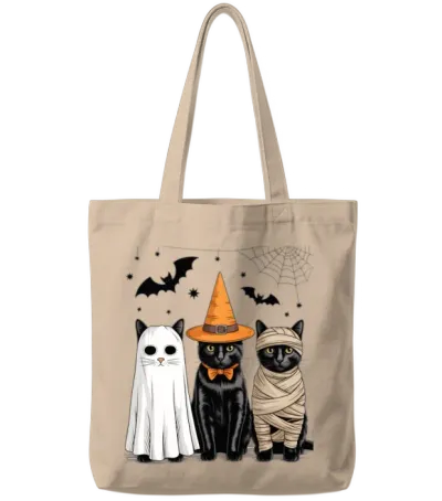 Black Cat Witch Scary Halloween Pumpkin Tote Bags - Natural