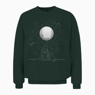 Full Moon Cat Stargazing Cool Lunar Sphere Stargaz Unisex Sweatshirt - Forest