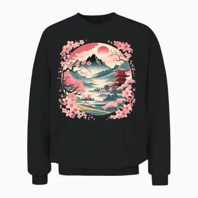 Vintage Japanese Cherry Blossom Flower Landscape Mountain Unisex Sweatshirt - Black