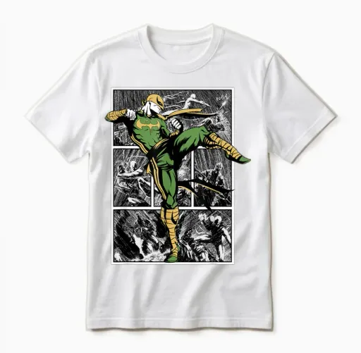 Marvel Iron Fist Rain Battle Comics T-Shirt, Black, S Unisex T-Shirt in White