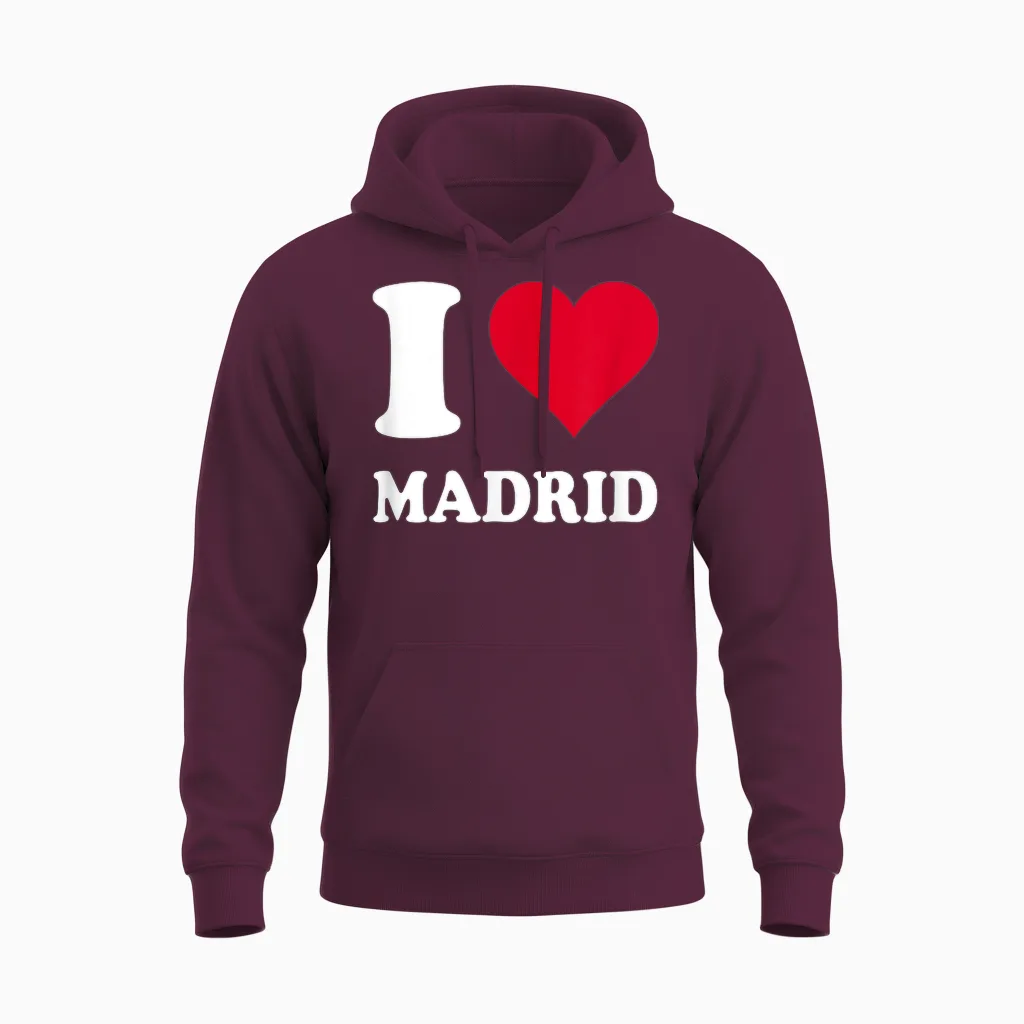 Red Heart I Love Madrid T-Shirt, Black, S Unisex Hoodie in Maroon