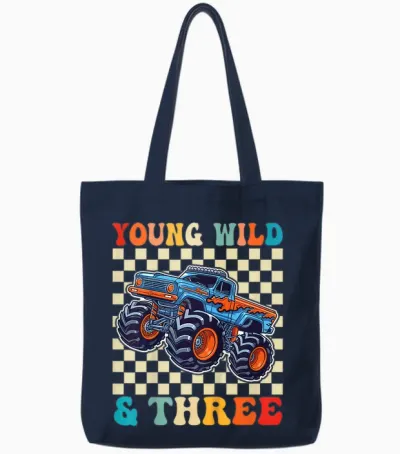 3rd Birthday Monster Truck Young Wild and Three 3 Year Old Tote Bags - Navy