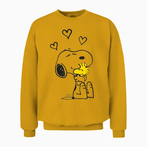 Peanuts - Snoopy Woodstock T-Shirt with German Text "ich Halte Dich Fest", Black, S Unisex Sweatshirt in Gold