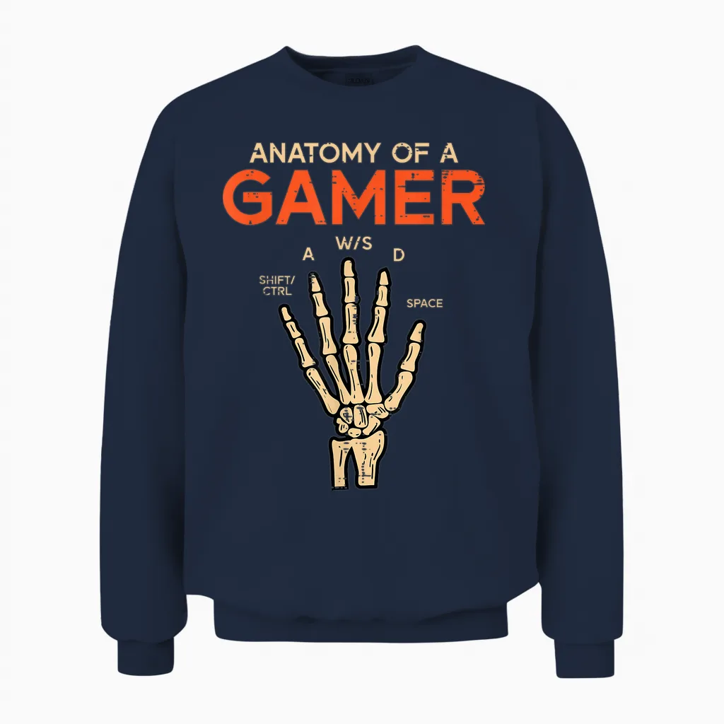 Anatomy of a Gamer Skeleton Hand Funny Men Boys Kids Teens Unisex Sweatshirt in Navy