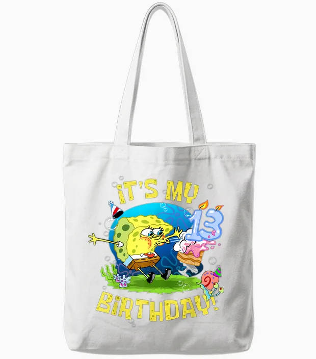 Spongebob It's My 13th Birthday Cake Kids Thirteen Spongebob Tote Bags in White