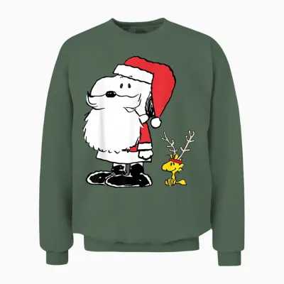 Peanuts Holiday Snoopy Woodstock Antlers Santa Short Sleeve Unisex Sweatshirt - Military Green