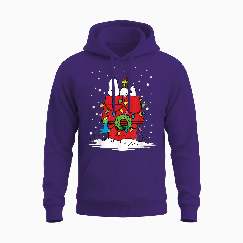 Peanuts Holiday Snoopy and Woodstock Stocking Unisex Hoodie in Purple