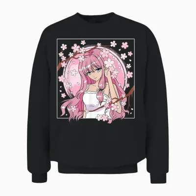 Japanisches Anime Mädchen Otaku Kirschblüte Sakura Damen Unisex Sweatshirt - Black