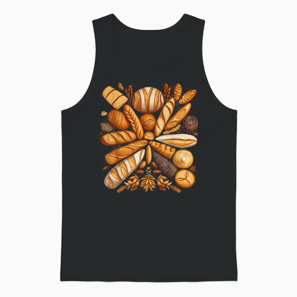 Artistic Arrangement of Bread Design Bakery Unisex Tank Top in Black