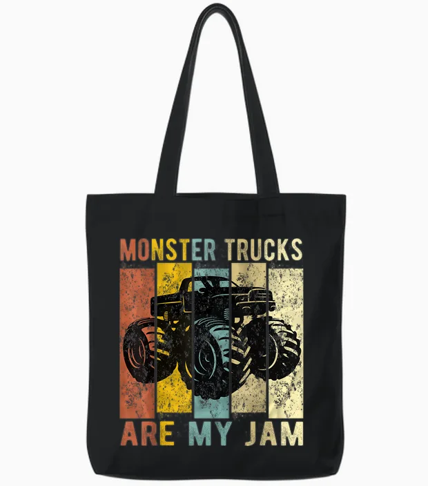 Monster Trucks Are My Jam Vintage Retro Monster Truck Tote Bags in Black