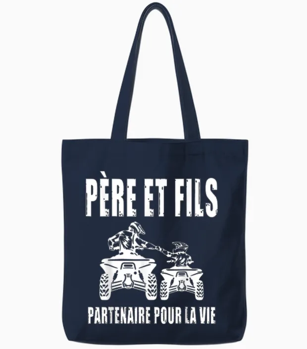Father and Son Quad Atv Dad Motorcycle Cross Biker Fathers Day Tote Bags in Navy